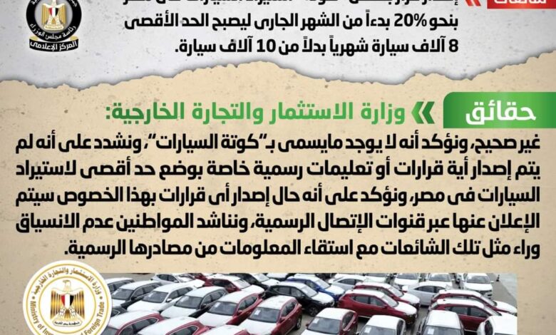 الحكومة تنفي خفض كوتة استيراد السيارات بنسبة 20%
