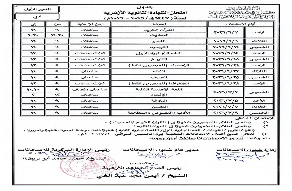 جدول امتحانات الثانوية الأزهرية 