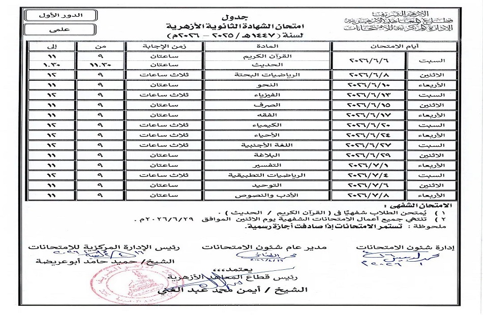 جدول امتحانات الثانوية الأزهرية 