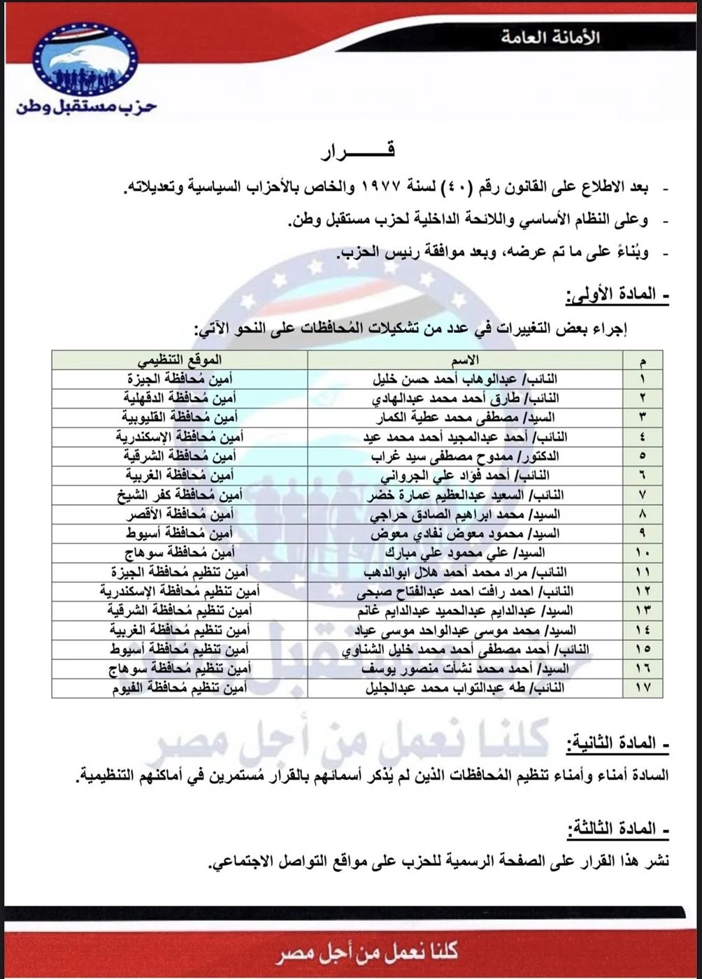 تعرف على أمناء المحافظات الجدد في «مستقبل وطن» 