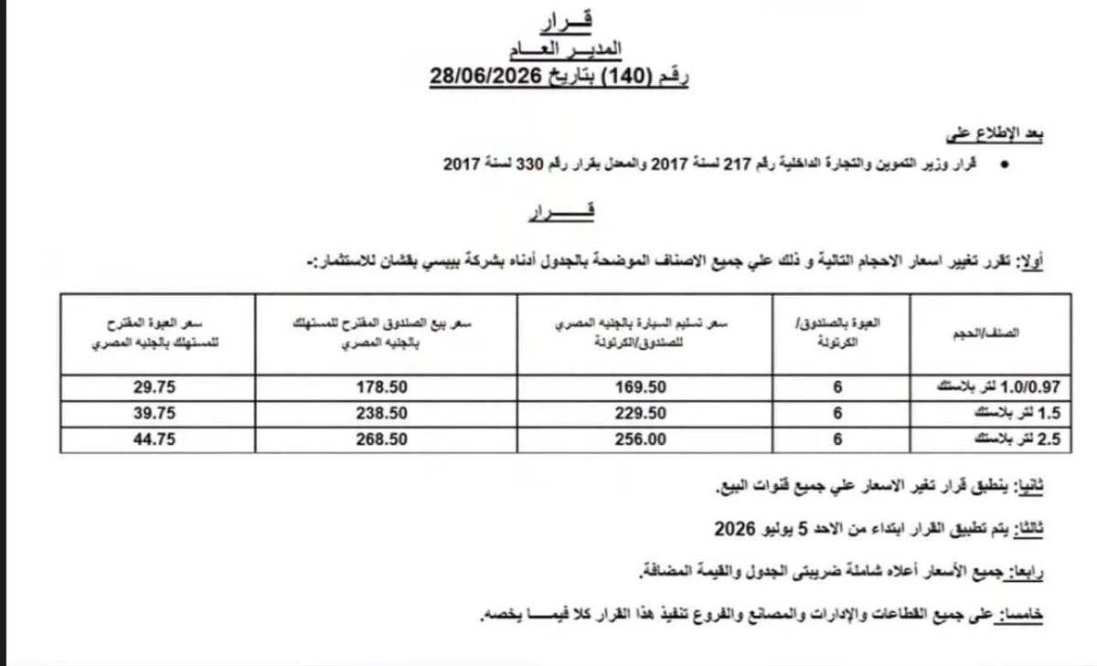رفع أسعار عبوات بيبسي 